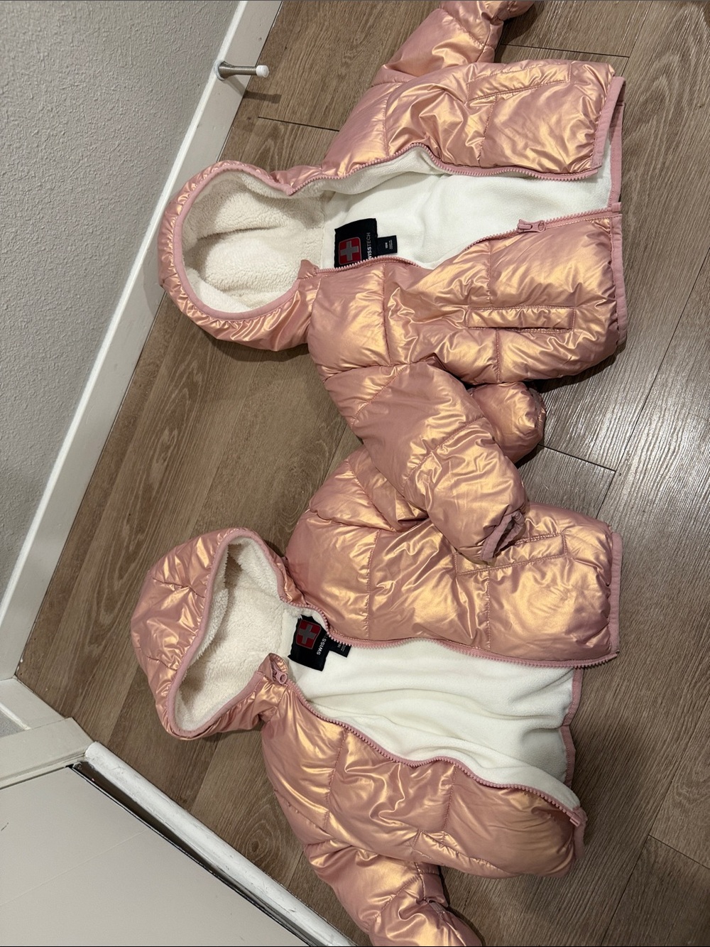 TWO Swiss Tech Kids Shiny Rose Gold Hooded Puffer Jacket